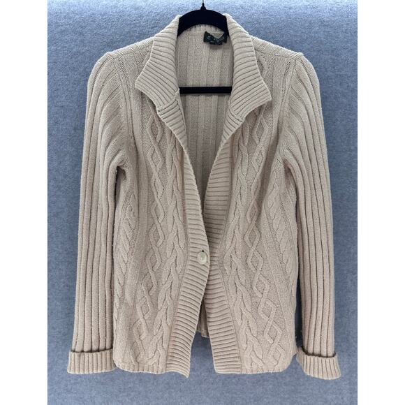 Eddie Bauer Sweaters - VTG Eddie Bauer Women's sz M Cotton Laine Wool Cream Chunky Knit Cardigan Y2K